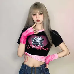 DeepTown Y2K Streetwear Cat Black Crop Top Kobiety Hippie Kpop Coquette Split Tleeves Tees Korean Fashion Patchwork Top