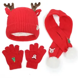 children's hats, scarves, gloves, three piece set with plush scarf, cute antler baby wool hat, Christmas set