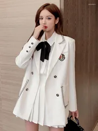 Two Piece Dress UNXX Women College Style Suit Three-pieces Set Bow Tie Shirt Blazer Pleated Skirt Uniform Female White