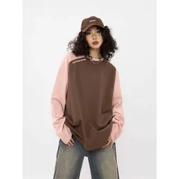 Deeptown Kpop Vintage Patchwork Brown T-shirts Kvinnor Harajuku Letter Basic Overize Long Sleeve Top American Retro Hippie Tops