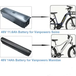 Bateria removível para bicicleta elétrica, 48v, 11,6ah, 14ah, íon de lítio, para viagem, ebike, vanpowers, seine manidae