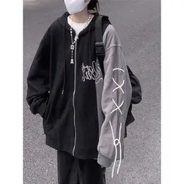 Deeptown Kpop Vintage Patchwork Zip Hoodie Women Y2k Streetwear Oversize Drawstring Sweatshirt Grunge irregular Letter Tops