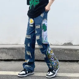 Herr jeans 2023 grunge kläder y2k streetwear baggy staplade rippade byxor för män lapp broderi hip hop jenim byxor ropa hombre 230907
