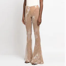 Women's Pants 2023 Star Fashion Transparent Sequin Beads Slim Fit Elastic Mesh Horn