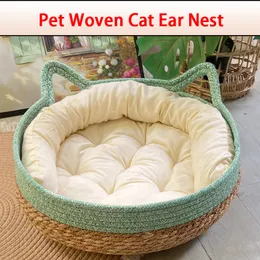 Canis Canetas Quatro Estações Cama de Gato Tecido Estofado Removível Casa de Dormir Piso de Rasto Rattan Lavável Gatos Produtos para Animais de Estimação Acessórios 230907