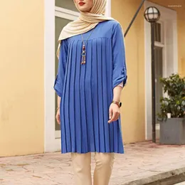 Ethnic Clothing Muslim Woman Pleated Tunic Long Sleeve Tops Women Abaya Dubai Vintage Blouse Plaid Spring Autumn Warm Shirt Clothes Ladie