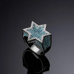 Nueva estrella hexagonal color plata azul helado circón cúbico con piedras laterales anillos micro pavimentado diamante joyería de hip hop para regalos 203V