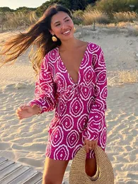 Casual Dresses Short For Women 2023 Plunging V Neck Tie Wide Long Sleeve Mini Dress Boho Vintage Geometric Print Beach Vacation