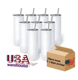 USA CA 2 Days Delivery 20oz white sublimation blanks stainless steel Water Bottles skinny straight sublimation tumblers with straw 908
