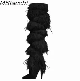 Botas de plumas para mujer, zapatos de tacón de fiesta con punzón cruzado de ante alto, plumas de avestruz sexis sobre la rodilla 2209017077313