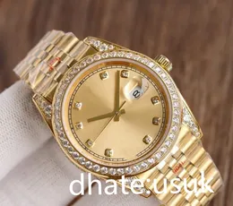 Luxuriöse 41-mm-Uhren für Herren, Automatikuhr, Gelbgold, Edelstahl, mechanisch, Diamant, weißes Zifferblatt, wasserdichte Herrenuhren