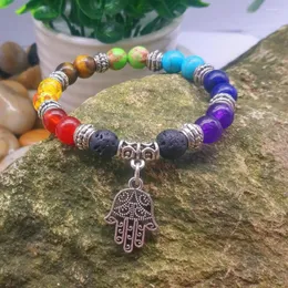 Strand 10pcs Tree Of Life 7 Chakra Healing Balance Beads Reiki Buddha Palm Leaf Prayer 8mm Lava Stone Diffuser Bracelet Jewelry