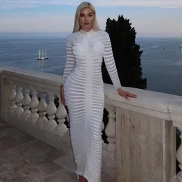 Casual Dresses Sexy Knitted White Maxi Dress Women O Neck Long Sleeve Ruched See Through Beach Cover Up Skinny Elastic Bodycon Vestidos