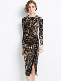 Casual Dresses Autumn Leopard Prints Mid-length Dress For Women Elegant O-neck Long Sleeve Drapped Bodycon Split Female Clothing