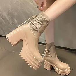 Buty kostki platforma żeńska moda moda krótki but czarne grube buty na wysokim obcasie koronkowe botas 230907