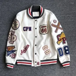 남자 재킷 야구 야구 유니폼 Y2K 레트로 트렌드 가죽 자켓 중장비 자수 흰색 짧은 코트