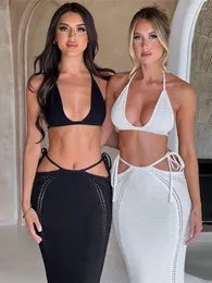 Arbeitskleider UKCNSEP Sommer Sexy 2-teiliges Set Damenmode Strap V-Ausschnitt Crop Top und langer Rock Urlaub Strandanzüge 2023