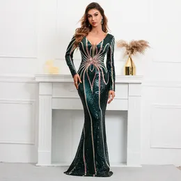 Urban Sexy Dresses Yidingzs Stretch Green Sequin Maxi Dress Full Sleeve V Neck Mermaid Evening Night Long Party Dress 230907