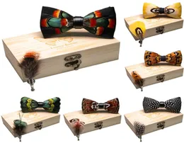 Italy Original Design Mens Bow Tie Fashion Peacock Feather Tie Exquisite Handmade Wooden Box Set for Men Party Wedding5811875
