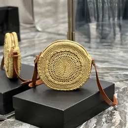 Top Quality Woven Round Crossbody Bag Leather Strap Fashion Letters Golden Hardware Women Summer Raffia Shoulder Bags 21cm With Box