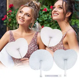 100pcs White Heart Shape Folding Fan Blank Paper Hand Fans With Plastic Handles DIY Painting Birthday Wedding Party Decor