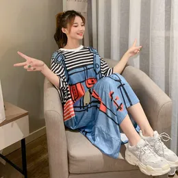 South Korea Summer Short Sleeve Loose Fit Women's Cartoon Print Dress Fake Two Piece Striped Strap T-shirt Skirt