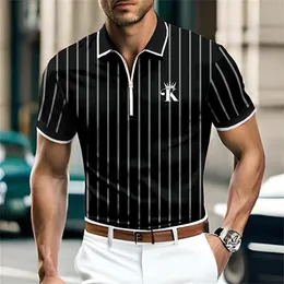 Men's Polos Striped Letter 3d Print Graphic Men'S Zip Polo Caucal Stripes Lapel Shirt Man Golf Shirts Short Sleeves Zipper Men Clothing 230907