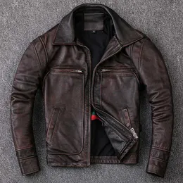 Skórzana skórzana skórzana męska płaszcz Cowhide płaszcz męskiej skórzanej kurtki w stylu vintage Man skórzane ubrania motocyklowe kurtki motocyklowe plus rozmiar