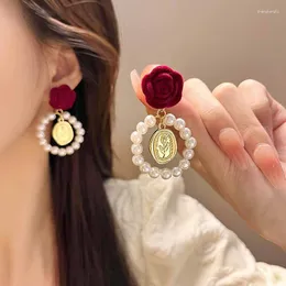 Dangle Earrings KADRUFI Temperament Wine Red Velvet Rose Flower Pearl Hoop Drop Women Elegant Korean Fashion Wedding Earring Jewelry