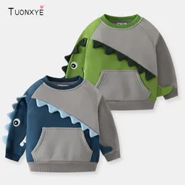 후드 땀 셔츠 Tuonxye 소년 긴 소매 플러스 벨벳 만화 3D 공룡 색상 대비 소프트 코튼 어린이의 탑 의류 230907