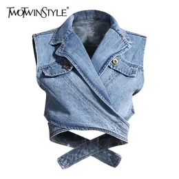Women's Jackets TWOTWINSTYLE Irregular Cross Denim Coat For Women High Waist Hollow Out Casual Short Tops Female Summer Fashion Style 230908