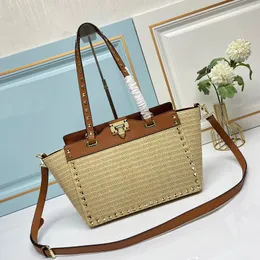 Straw Rivet Tote Shopping Bag Genuine Leather Fashion Letters Removable Strap Golden Hardware Large Capacity Pockets Women Handbags Purse Shoulder Bags