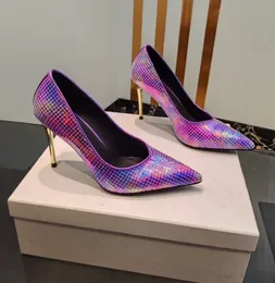 Sapatos formais femininos coloridos de alta qualidade moda pontuda de metal fino salto alto 9.5cm show vestido de festa caixa de sapatos 35-42