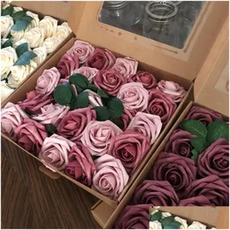 Decorative Flowers Wreaths 25Pcs/Box Artificial Blush Roses Realistic Fake W/Stem For Diy Wedding Party Bouquets Baby Shower Home Otsfv