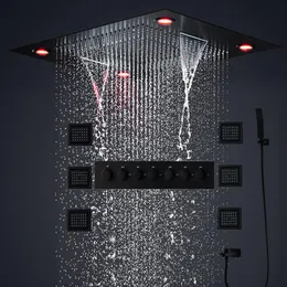 Bathroom 24inch Thermostatic Rain Shower Set Large LED Showerhead Rainfall Waterfall Massage Misty Bath Black Faucet System With 4216o