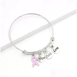 Charm Bracelets Arrival Stainless Steel Wire Bangle Hope Faith Breast Cancer For Women Awarenesss Jewe Jewelshops Drop Delivery Jewel Dhuw8