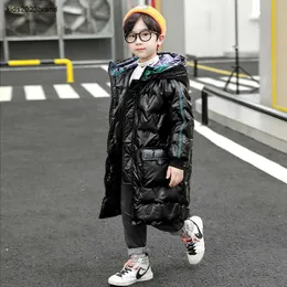 designer Down Coat High Collar Shiny Children Warm Wadded Hooded Coat Kids Baby Thick Warm Windproof Long Outerwear