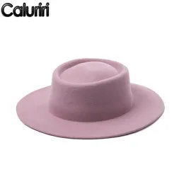 Шляпы с полями Caluriri, шерстяная шляпа-федора, зимняя уличная женская элегантная широкая 100% женская розовая шляпа Temperament258N