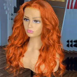 Orange Color Brazilian Human Hair Wig Natural Long Body Wave pre plucked Synthetic Lace Front Wig For Women286u