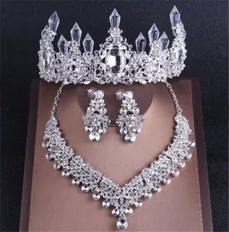 Luxus Silber Farbe Kristall Braut Schmuck Sets Strass Krone Ohrringe Halsband Halskette Frauen Hochzeit Schmuck Set