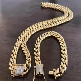 Mens Miami Cuban Link Bracelet & Chain Set 18k Gold Plated 14mm Diamond Clasp238Z