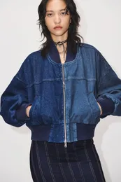 Patchwork Bomber Denim Kurtki dla kobiet 2023 Chic stojak z przodu zamek błyskawiczny powłok damski długi rękaw luźna nowa nowa odzież wierzchnia