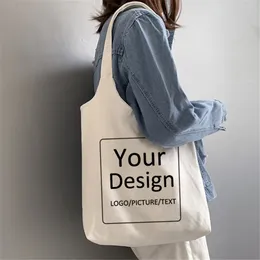 Alışveriş Çantaları Özel Tote Çanta Alışveriş Tasarımı Kendi Metin Baskılı Orijinal Beyaz Hasp Unisex Travel Canvas s Öğrencileri Bolsos Yeniden Kullanılabilir 230908