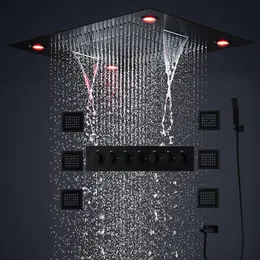 Banyo 24 inç termostatik yağmur duş seti büyük led duş başlığı yağışlı şelale masajı sisli banyo siyah musluk sistemi ile 4258r