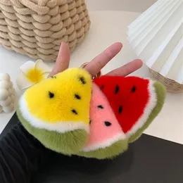 Keychains fluffiga nyckelring kvinnlig väska hängande hänge nyckelkedjor bil vattenmelon fruktväska riktig rex pälstillbehör279r