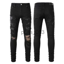 Jeans para hombre Pantalones vaqueros de mezclilla elásticos negros Pantalón para hombre Parches bordados Detalle Pierna ajustada x0911