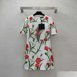 Basic Casual Dresses 2023 Spring White Floral Print Beaded Dress Short Sleeve Round Neck Rhinestone B3F171713 Drop Delivery Appare Dh0Pn