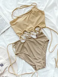 Hollow Bikini Set ausgeschnitten ein Stück Badeanzug Frauen Draw String Monokini 2024 Beige Badeanzug sexy Badebekleidung Strandkörper