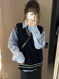 Deeptown Black Striped Sweater Vest Women Korean Preppy Style Oversize Sleeveless Knit Tops Harajuku V-neck Jerseys Jumper Kpop
