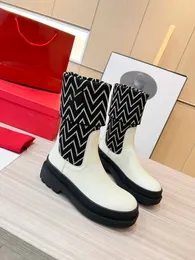 Martin Boots Designer Stivali moda da donna Lussuoso motivo a onde lavorato a maglia con testa tonda Stivali di media lunghezza con piattaforma impermeabile Stivali con suola spessa